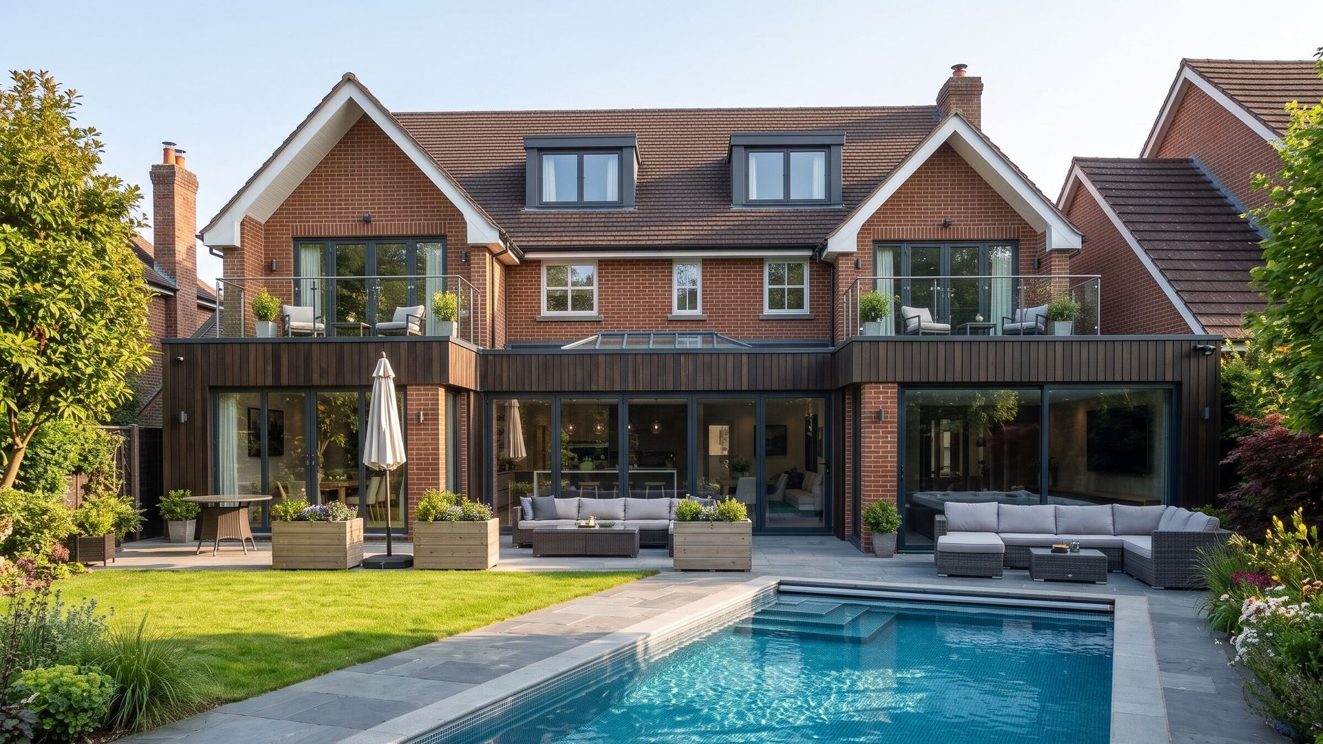 Brick family home with a new extension in daylight