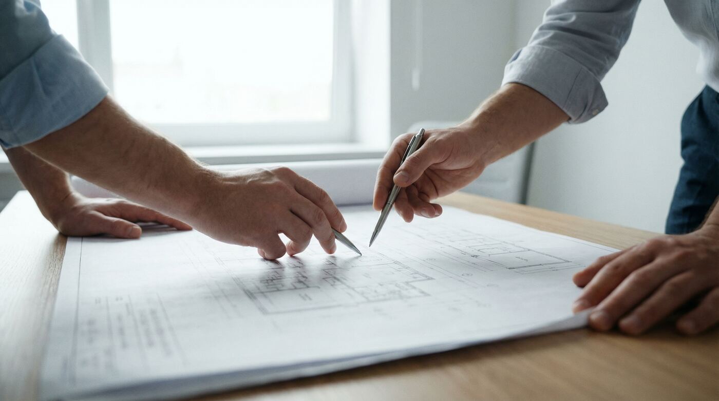 Engineer marking up architectural drawings with a pencil