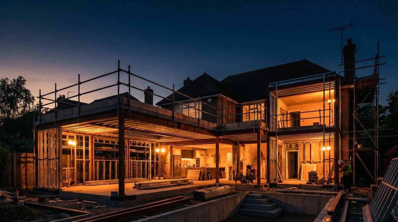 Steel and timber frame of an extension under construction at dusk